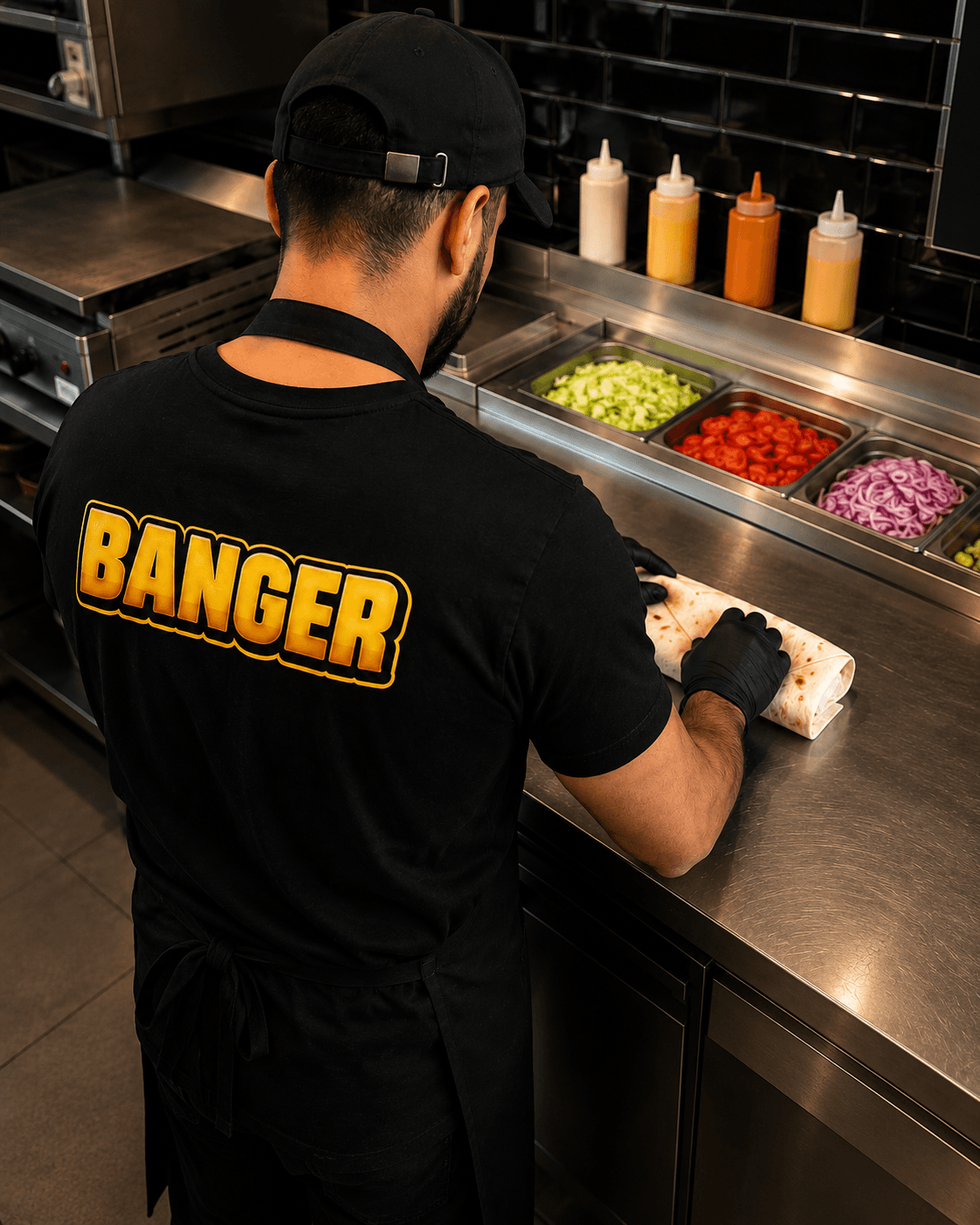 Employé de snack de dos, t-shirt personnalisé « Banger »