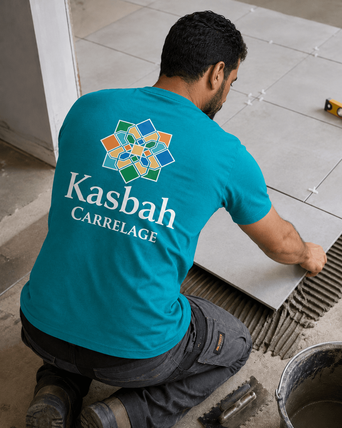 Carreleur de dos, t-shirt personnalisé « Kasbah Carrelage »