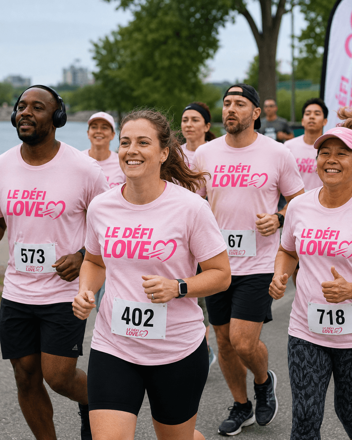 Groupe de coureurs portant des t-shirts personnalisés « Le Défi Love »