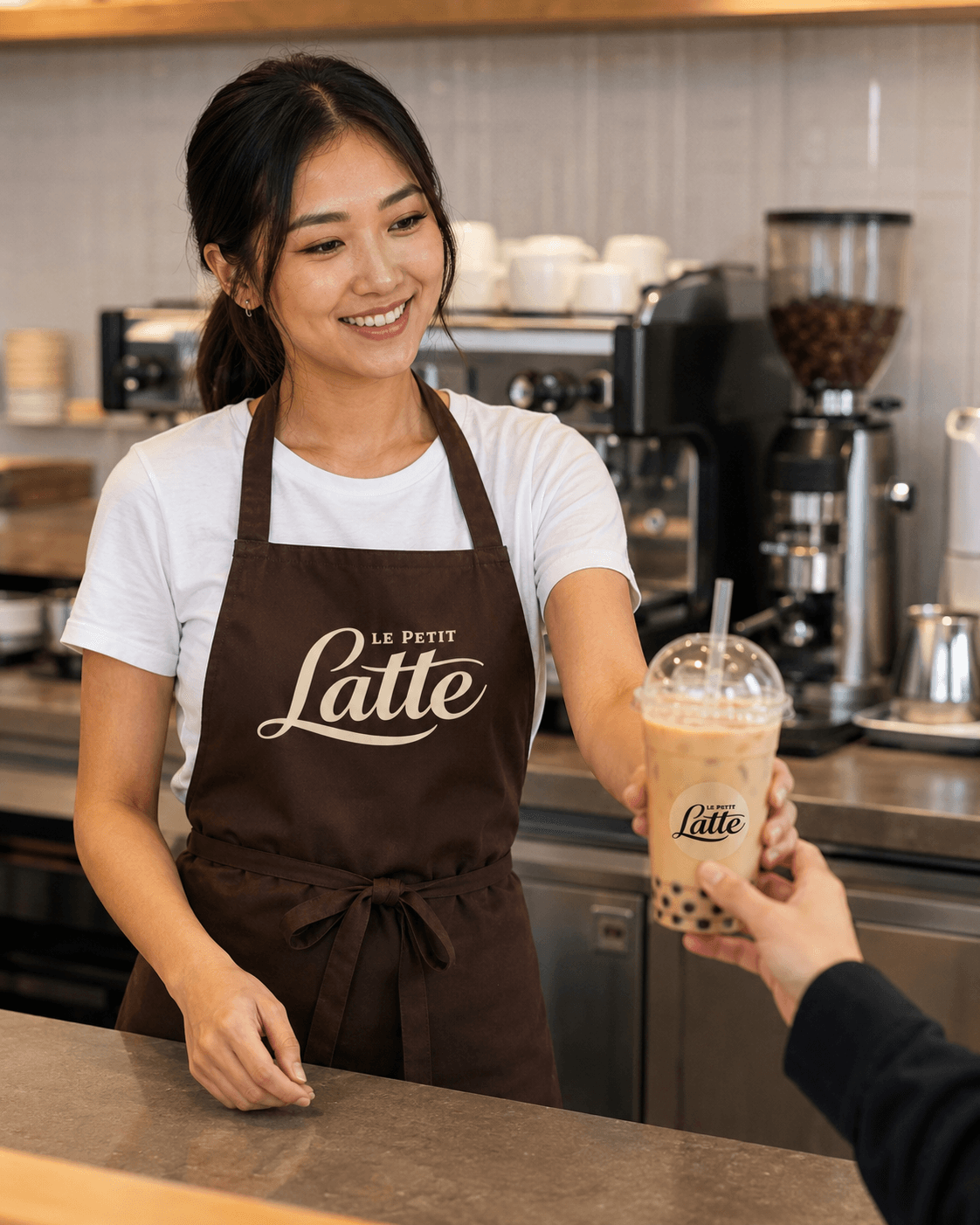 Barista portant un tablier personnalisé « Le Petit Latte »
